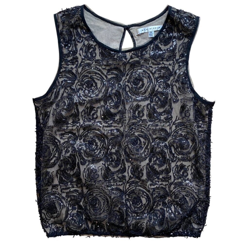 Max Studio Sequin Lace 3D Sleeveless Top Black Coquette Whimsigoth Dark Fairy-M